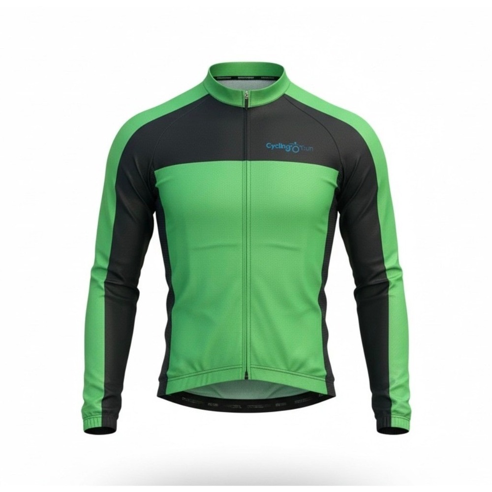 Cycle Run Men Long Sleeve Cycling Jersey Green Black Full‎ Zip Bike Shirt Top